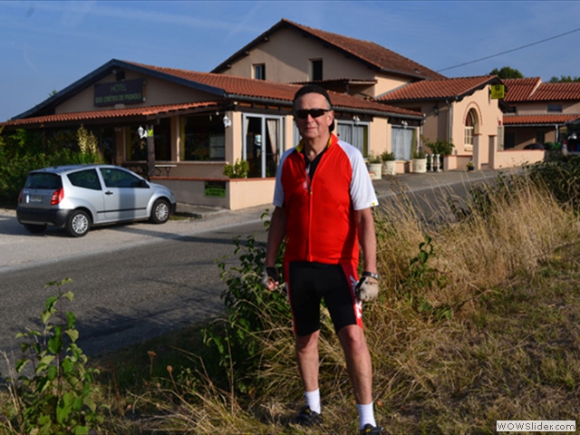 Posing for a pictue outside our hotel in Moissac