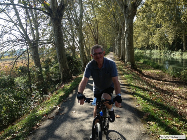 Michael cycling for a few miles with me on our spare bike